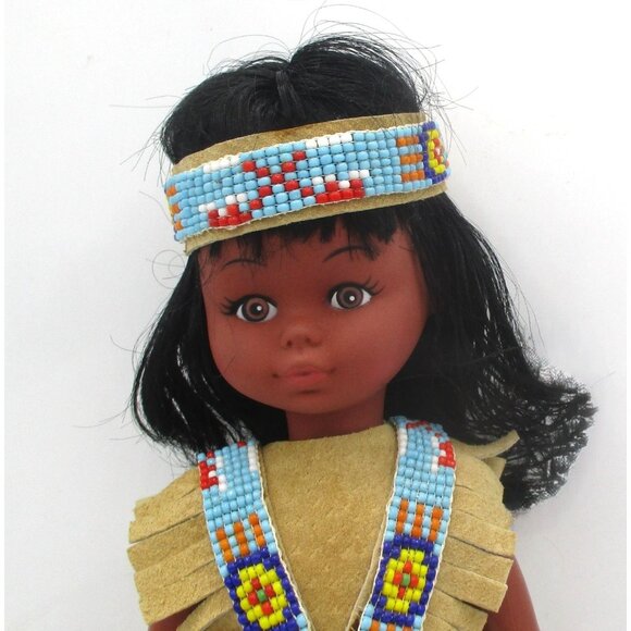 Vintage Native American Doll W/ Beaded Outfit & Papoose Baby 11" Faux Suede Frin - Picture 4 of 4